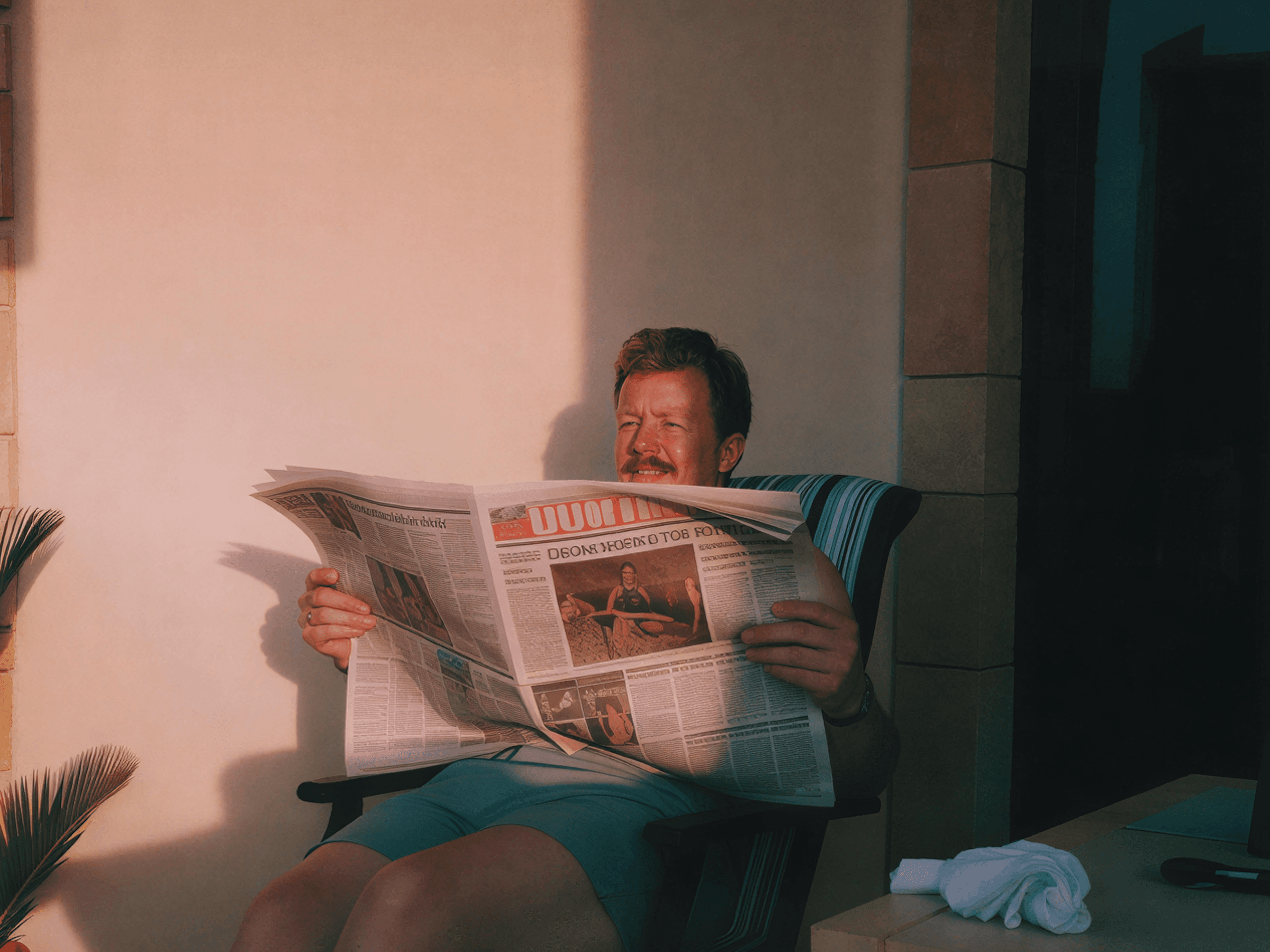 A person reading a newspaper in warm light